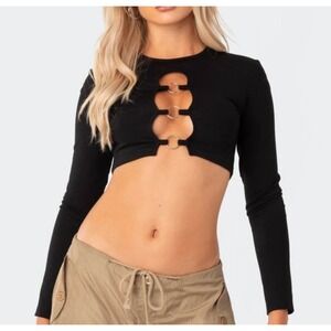 Edikted Womens Black O-Ring Cutout Long Sleeve Crop Top XS Streetwear Edgy